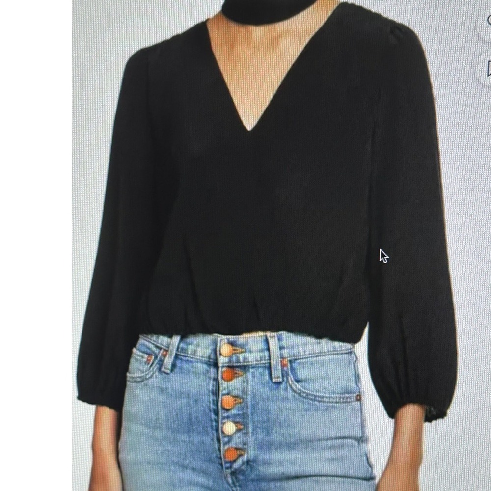 Alice + Olivia Black Silk Wrap Blouse Choker Neck Puff Sleeve‎ Top Size M